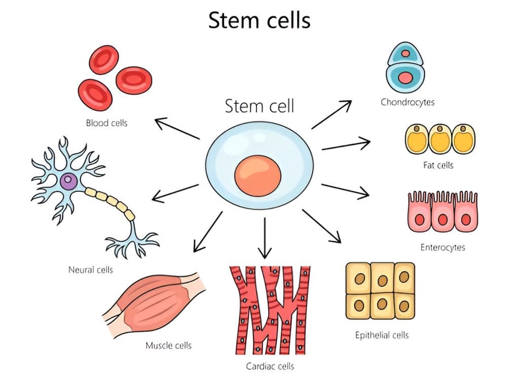 What is the Dark Side of Stem Cells? Risks & Controversies 1 Diagram showing a stem cell in the center differentiating into various specialized cells, including blood cells, neural cells, muscle cells, cardiac cells, epithelial cells, enterocytes, fat cells, and chondrocytes.