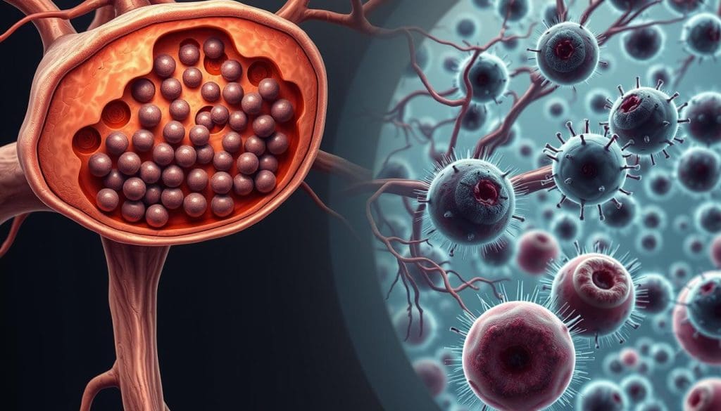 A detailed anatomical illustration depicting the progression of leukemia, showcasing the various stages of the disease. The foreground features a cross-section of bone marrow, with abnormal blood cells multiplying and crowding out healthy cells. The middle ground displays a network of blood vessels, highlighting the circulation of these malignant cells. In the background, a microscopic view of cancerous lymphocytes and myeloblasts, their shapes and structures highlighting the aggressive nature of the disease. Rendered in a muted, scientific color palette with precise shading and attention to anatomical accuracy, creating a somber, educational mood.