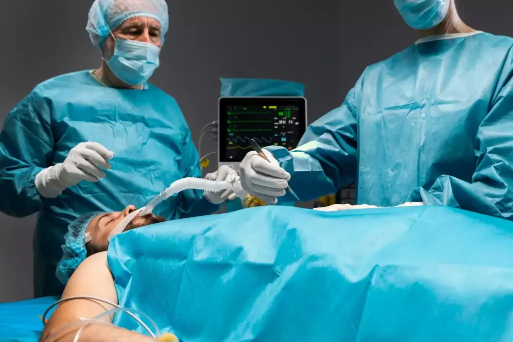 A detailed surgical scene of a heart valve replacement procedure in a well-lit hospital operating room. In the foreground, the surgeon's hands delicately manipulating the heart valve, with surgical instruments and tubes visible. The middle ground shows the patient's open chest cavity, the heart exposed, surrounded by a team of medical professionals. In the background, the bright, sterile environment with medical equipment and monitors provides a sense of advanced medical technology. The lighting is bright and even, casting a clean, clinical atmosphere. The overall mood conveys the precision and gravity of this life-saving surgical intervention.