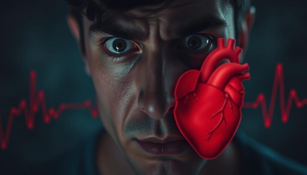 A close-up view of a person's anxious face, with eyes wide open and brow furrowed, against a blurred background of a rapidly beating heart. The lighting is dramatic, casting deep shadows that accentuate the intense expression. The heart is depicted as a detailed anatomical illustration, pulsing with a rapid, irregular rhythm, conveying the physiological manifestation of anxiety. The overall mood is one of tension and unease, highlighting the intricate connection between the mind and the body in the experience of anxiety.
