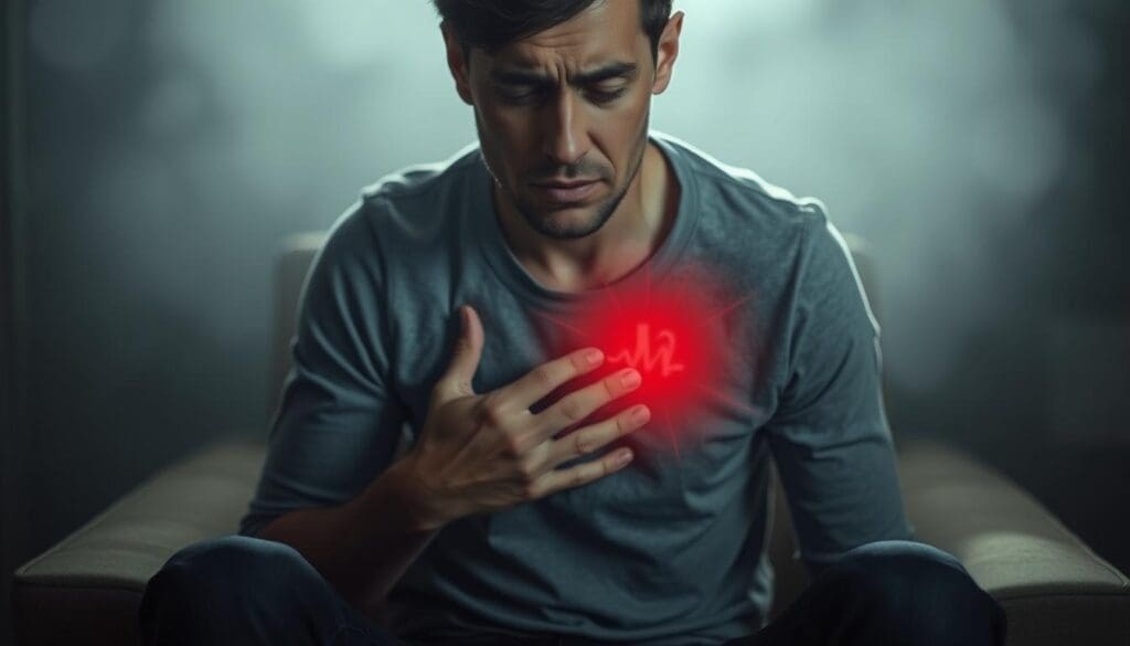 Anxiety and palpitations all day: a person sitting in a dimly lit room, clutching their chest, with a pained expression on their face. The foreground depicts the anguish and distress, with the person's hands trembling and a sense of panic in their eyes. The middle ground shows the person's chest, with visible heart palpitations and a rapid pulse. The background is hazy and out of focus, creating a sense of isolation and overwhelming emotions. The lighting is soft and dramatic, casting shadows that accentuate the person's anxiety and discomfort. The overall atmosphere is one of disquiet, tension, and a desperate need for relief. Anxiety and palpitations all day: a person sitting in a dimly lit room, clutching their chest, with a pained expression on their face. The foreground depicts the anguish and distress, with the person's hands trembling and a sense of panic in their eyes. The middle ground shows the person's chest, with visible heart palpitations and a rapid pulse. The background is hazy and out of focus, creating a sense of isolation and overwhelming emotions. The lighting is soft and dramatic, casting shadows that accentuate the person's anxiety and discomfort. The overall atmosphere is one of disquiet, tension, and a desperate need for relief.