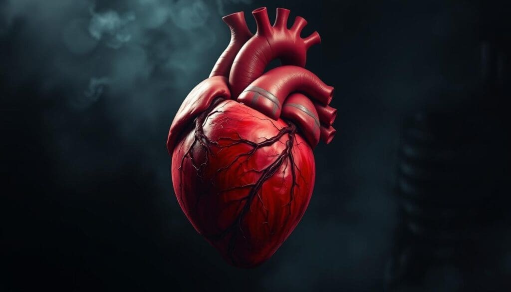 Intricate anatomical illustration of an anxious human heart palpitating against a dark, moody backdrop. The heart is rendered in vivid detail, its chambers expanding and contracting erratically, with visible blood vessels and nerves. Dramatic chiaroscuro lighting casts deep shadows, heightening the sense of tension and unease. The heart is set against a hazy, atmospheric environment, suggesting the overwhelming psychological distress of severe anxiety. Subtle hints of the chest and ribcage provide context, while maintaining the focus on the heart's distressed state. The overall tone is one of medical precision combined with an unsettling, visceral emotional impact. Intricate anatomical illustration of an anxious human heart palpitating against a dark, moody backdrop. The heart is rendered in vivid detail, its chambers expanding and contracting erratically, with visible blood vessels and nerves. Dramatic chiaroscuro lighting casts deep shadows, heightening the sense of tension and unease. The heart is set against a hazy, atmospheric environment, suggesting the overwhelming psychological distress of severe anxiety. Subtle hints of the chest and ribcage provide context, while maintaining the focus on the heart's distressed state. The overall tone is one of medical precision combined with an unsettling, visceral emotional impact.