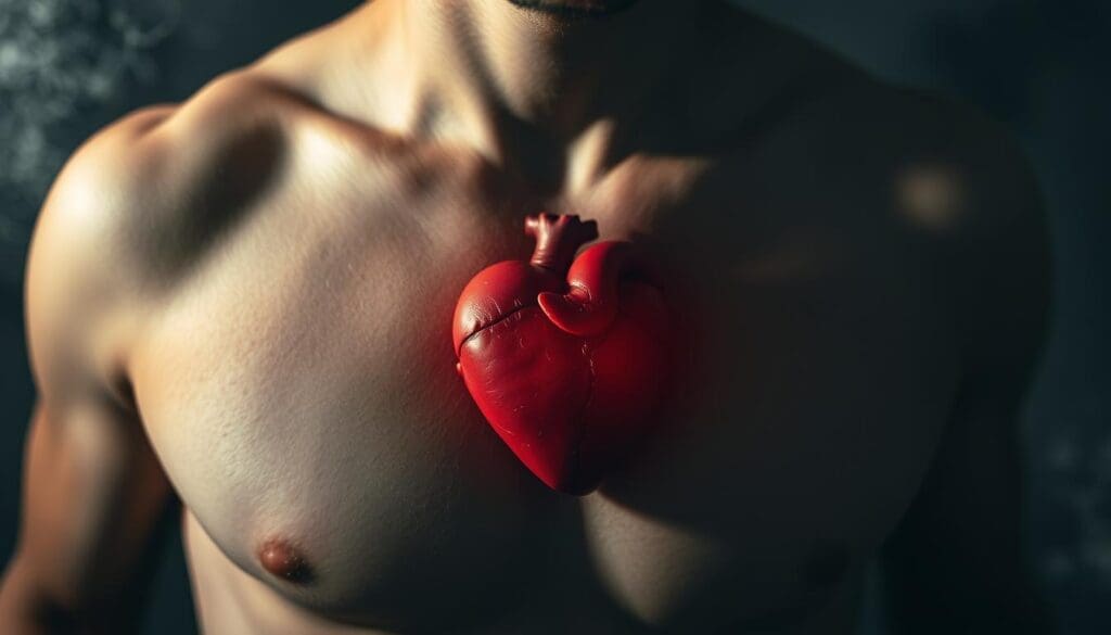 A close-up of a person's chest, their heart visibly pulsing rapidly against the skin, surrounded by an aura of anxiety and tension. The background is hazy and out of focus, creating a sense of unease and heightened internal experience. The lighting is dramatic, casting sharp shadows and highlights to accentuate the physiological response. The composition is tightly framed, drawing the viewer's attention to the accelerated heartbeat as the central subject. The overall tone is one of heightened emotional intensity, reflecting the science behind the physical manifestations of anxiety. A close-up of a person's chest, their heart visibly pulsing rapidly against the skin, surrounded by an aura of anxiety and tension. The background is hazy and out of focus, creating a sense of unease and heightened internal experience. The lighting is dramatic, casting sharp shadows and highlights to accentuate the physiological response. The composition is tightly framed, drawing the viewer's attention to the accelerated heartbeat as the central subject. The overall tone is one of heightened emotional intensity, reflecting the science behind the physical manifestations of anxiety.