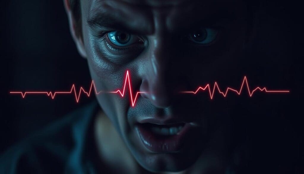 A dark, close-up portrait of an anxious person's face, with a heart rate monitor superimposed over their chest. The subject's eyes are wide with fear, brow furrowed, and mouth slightly open, conveying a sense of distress. The heart rate monitor displays a rapidly increasing pulse, visually connecting the person's emotional state with their physiological response. The image is lit dramatically, with moody, shadows highlighting the tension and unease. The background is blurred and indistinct, keeping the focus solely on the face and heart rate visualization. A tight, cinematic framing emphasizes the intimate, personal nature of the subject's internal experience. A dark, close-up portrait of an anxious person's face, with a heart rate monitor superimposed over their chest. The subject's eyes are wide with fear, brow furrowed, and mouth slightly open, conveying a sense of distress. The heart rate monitor displays a rapidly increasing pulse, visually connecting the person's emotional state with their physiological response. The image is lit dramatically, with moody, shadows highlighting the tension and unease. The background is blurred and indistinct, keeping the focus solely on the face and heart rate visualization. A tight, cinematic framing emphasizes the intimate, personal nature of the subject's internal experience.