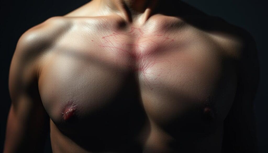 A closeup view of a person's chest, focused on the heart area. The skin appears flushed and the veins slightly protruding, conveying a sense of intense palpitations. The background is muted, with a soft, blurred effect to direct attention to the central subject. Dramatic lighting casts shadows across the torso, adding depth and drama. The overall mood is one of unease and physiological distress, reflecting the anxiety-induced nature of the palpitations.