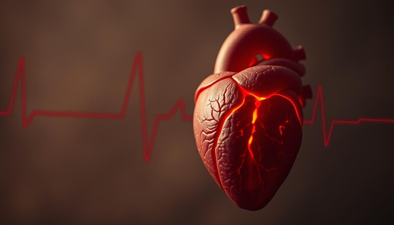 A closeup view of an anxious human heart, pulsing rapidly and erratically against a muted, hazy backdrop. The heart is depicted as a detailed, anatomical illustration in a warm, red-orange hue, seemingly glowing from an internal light source. Soft, diffused lighting creates a sense of tension and unease, while a subtle depth of field blurs the background, focusing the viewer's attention on the central, fluttering heart. The overall atmosphere is one of physiological distress, visually capturing the science behind why anxiety can trigger palpitations. Anxiety and Heart Palpitation