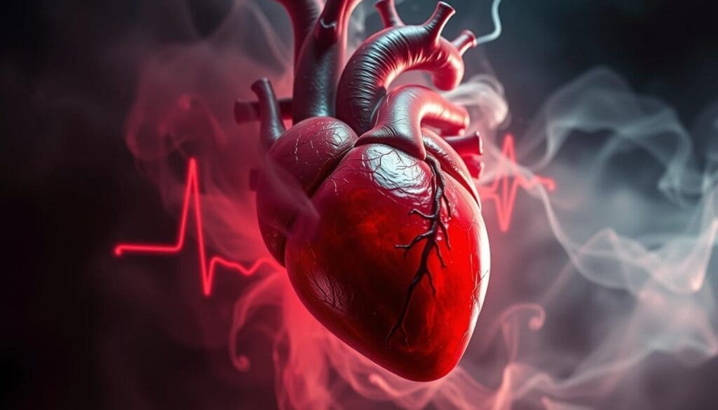 A close-up view of a human heart pulsing rapidly, surrounded by a swirling vortex of smoke-like energy, conveying the physiological and psychological effects of anxiety. The heart is depicted in a realistic, anatomically correct manner, with bold, saturated colors and dramatic lighting that casts long shadows, creating a sense of intensity and inner turmoil. The background is hazy and dreamlike, with a subtle gradient that suggests a sense of unease and distress. The overall composition and mood of the image should effectively illustrate the relationship between anxiety and its impact on the cardiovascular system.