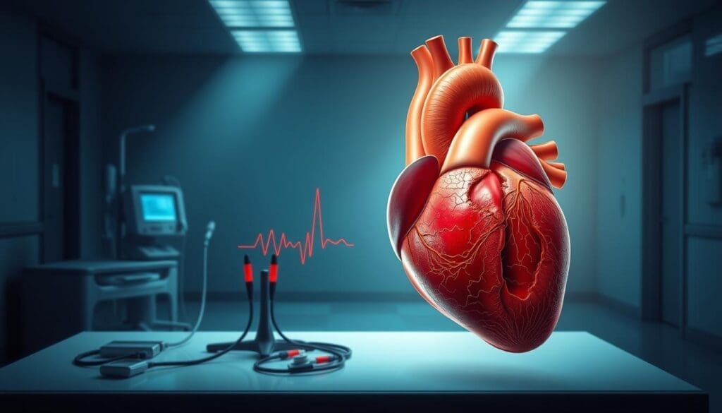 A detailed medical illustration depicting the anatomy and treatment of atrial flutter. In the foreground, a highly realistic cross-section of the heart, highlighting the atria and ventricles, with the flutter pathways clearly visible. In the middle ground, a set of diagnostic tools and electrodes used to monitor and correct the arrhythmia, such as an ECG machine and defibrillator paddles. The background depicts a serene, dimly lit hospital room, conveying a sense of medical urgency and precision. Bright, directional lighting illuminates the key elements, creating depth and drama. The overall mood is one of scientific accuracy and clinical professionalism, serving to educate and inform the viewer about the causes and treatment of atrial flutter.