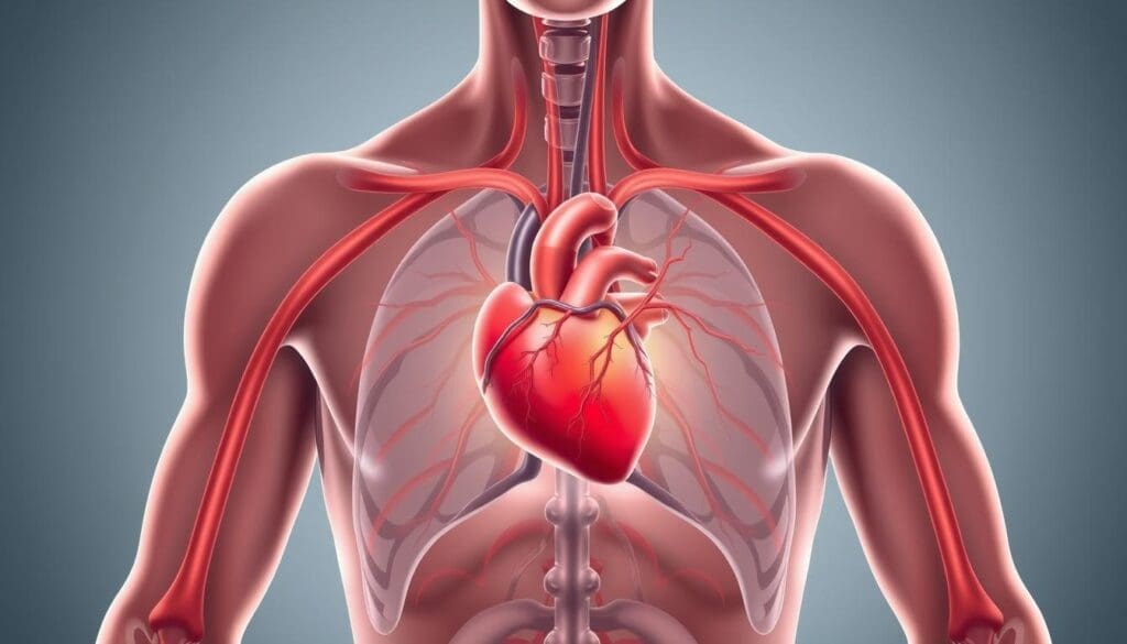 A detailed anatomical illustration of the human thorax, with a focus on the heart and surrounding structures. The image should display the key symptoms of a heart attack, such as chest pain, shortness of breath, and radiating pain in the left arm. The heart should be prominently featured, with the coronary arteries and blood flow visualized. The background should be clean and minimalist, with subtle lighting to highlight the medical subject matter. The overall tone should be informative and educational, conveying the seriousness of heart attack symptoms in a clear and precise manner.
