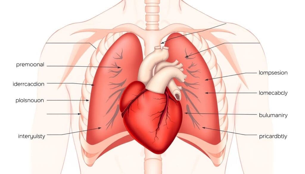 A detailed cross-section illustration of the human chest, depicting the various potential causes of chest pain. In the foreground, the heart is prominently featured, showcasing the different cardiovascular conditions that can lead to chest discomfort, such as coronary artery disease, myocardial infarction, and pericarditis. In the middle ground, the lungs are depicted, highlighting respiratory issues like pneumonia, pleurisy, and pulmonary embolism as additional sources of chest pain. The background includes the musculoskeletal structures, including the ribs, sternum, and intercostal muscles, to represent musculoskeletal causes like costochondritis. The image is rendered in a clean, medical illustration style with realistic anatomical details and a neutral color palette to convey the informative nature of the subject matter.