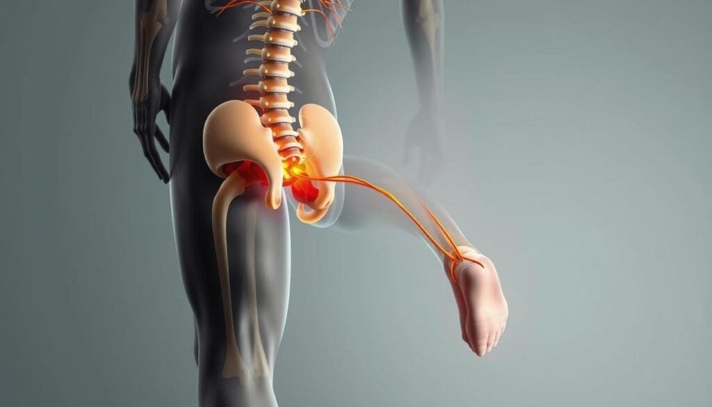 A detailed cross-section view of the human back and leg, highlighting the intricate anatomical connections that can contribute to pain transmission. The image should showcase the vertebral column, spinal nerves, muscle groups, and connective tissues linking the back and lower extremities. Employ a muted color palette, soft lighting, and a cutaway perspective to create a sense of clinical precision and educational clarity. The overall tone should convey a scientific, informative, and slightly clinical atmosphere to align with the subject matter. A detailed cross-section view of the human back and leg, highlighting the intricate anatomical connections that can contribute to pain transmission. The image should showcase the vertebral column, spinal nerves, muscle groups, and connective tissues linking the back and lower extremities. Employ a muted color palette, soft lighting, and a cutaway perspective to create a sense of clinical precision and educational clarity. The overall tone should convey a scientific, informative, and slightly clinical atmosphere to align with the subject matter.