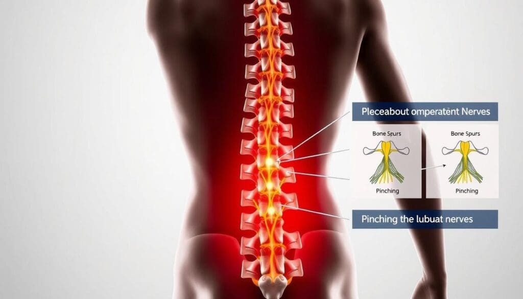 A detailed, scientifically accurate medical illustration depicting the common causes of pinched nerves in the lower back. The foreground shows the spinal column with protruding discs, bone spurs, and other anatomical structures that can compress the nerves. The middle ground features clear, labeled diagrams highlighting the key nerve pathways and the specific locations where pinching can occur. The background provides a clean, neutral environment with subtle lighting to focus attention on the medical information. The overall composition conveys a sense of clinical authority and educational clarity to effectively illustrate this common lower back condition. A detailed, scientifically accurate medical illustration depicting the common causes of pinched nerves in the lower back. The foreground shows the spinal column with protruding discs, bone spurs, and other anatomical structures that can compress the nerves. The middle ground features clear, labeled diagrams highlighting the key nerve pathways and the specific locations where pinching can occur. The background provides a clean, neutral environment with subtle lighting to focus attention on the medical information. The overall composition conveys a sense of clinical authority and educational clarity to effectively illustrate this common lower back condition.