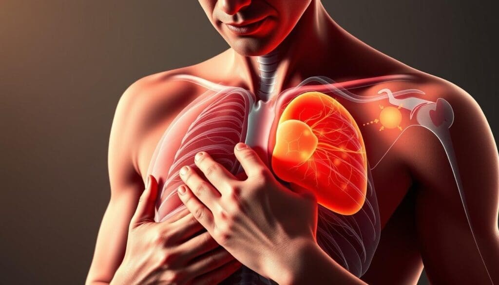 A detailed, anatomically accurate illustration of a human torso experiencing stress-induced chest pain symptoms. The foreground features a person's upper body with their hands clutching their chest, facial expression showing discomfort. The middle ground showcases an x-ray or cross-section view highlighting the heart, lungs, and surrounding muscles and tissues, with areas of tension or inflammation highlighted. The background is a neutral, clinical environment with muted tones to draw focus to the subject. Warm, directional lighting casts shadows that emphasize the tension in the body. The overall mood is one of concern and unease, emphasizing the seriousness of the condition.