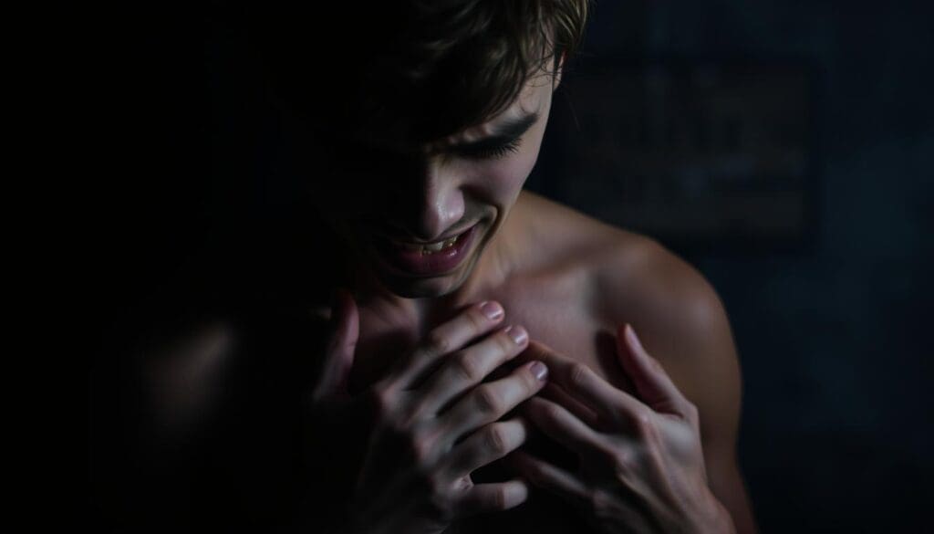 A person gripping their chest, face contorted with anxiety, in a dimly lit, claustrophobic environment. The lighting is moody, with dramatic shadows highlighting the subject's distress. The background is hazy and indistinct, creating a sense of isolation and unease. The composition emphasizes the subject's internal turmoil, capturing the mind-body connection between anxiety and physical discomfort. The overall atmosphere is tense and unsettling, evoking the experience of chest pain and discomfort triggered by heightened emotional stress.