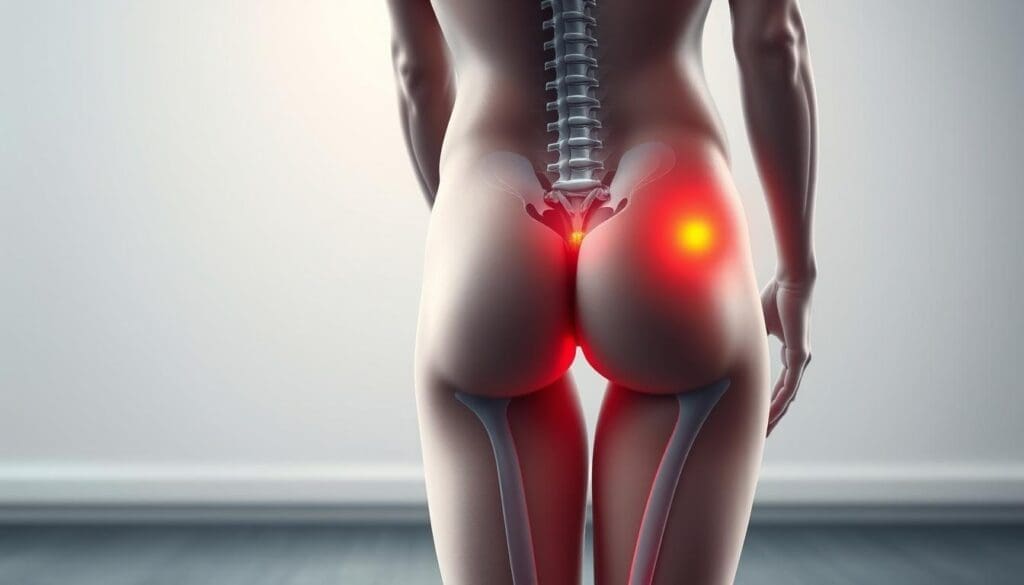 An anatomical illustration showcasing the typical symptoms of sciatica. The foreground depicts a person's lower back and hips, with the sciatic nerve highlighted and radiating pain down the thigh and leg. The middle ground features detailed muscle and nerve structures, while the background provides a neutral, clinical setting with subtle lighting, highlighting the medical nature of the subject. The image conveys a sense of precision and clarity, enabling clear visualization of the sciatica condition for the article's audience.