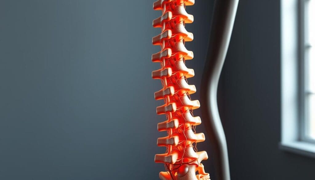 A detailed, anatomically accurate illustration of the intricate relationship between the spine and the nervous system. Rendered in a realistic, scientific style with a focus on the key structural components. Gently lit from the side to highlight the three-dimensional complexity, captured from a slightly elevated angle to provide a clear, comprehensive view. The scene conveys a sense of clinical precision, emphasizing the importance of understanding this fundamental connection for effective diagnosis and treatment of lower back and leg pain.