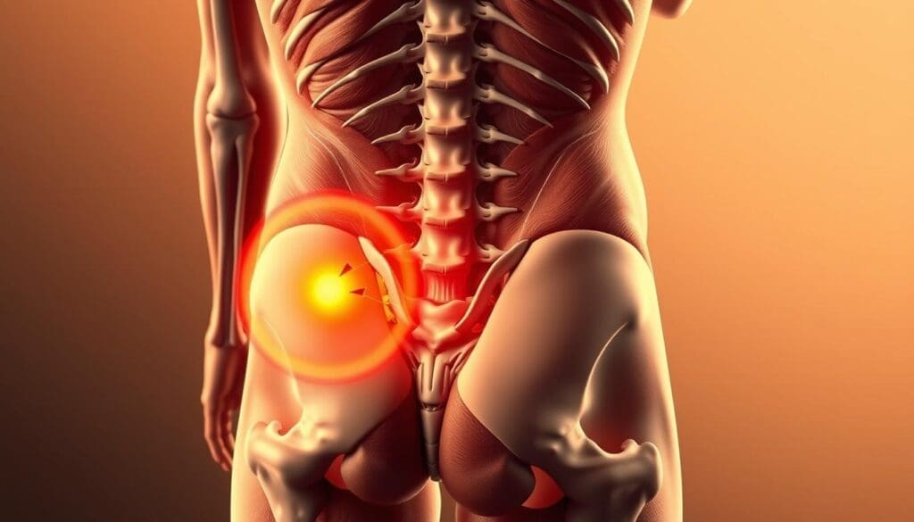 A detailed anatomical illustration showcasing the lower back region, with prominent emphasis on the area radiating pain down the legs. Depicted in a realistic, medically-accurate style, the image should highlight the key muscle groups, vertebrae, and nerve pathways involved in lower back pain with aching legs. Use warm, muted lighting to create a clinical, educational atmosphere. Capture the image from a slightly elevated, angled perspective to provide clear visibility of the relevant anatomical structures. Ensure the level of detail allows viewers to clearly recognize and understand the physiological symptoms being portrayed. A detailed anatomical illustration showcasing the lower back region, with prominent emphasis on the area radiating pain down the legs. Depicted in a realistic, medically-accurate style, the image should highlight the key muscle groups, vertebrae, and nerve pathways involved in lower back pain with aching legs. Use warm, muted lighting to create a clinical, educational atmosphere. Capture the image from a slightly elevated, angled perspective to provide clear visibility of the relevant anatomical structures. Ensure the level of detail allows viewers to clearly recognize and understand the physiological symptoms being portrayed.