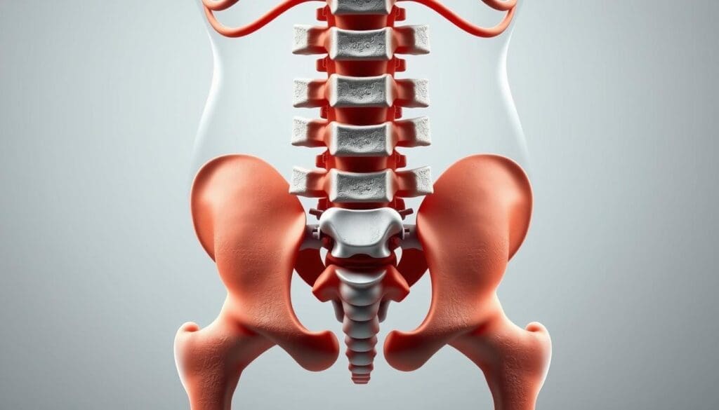 A detailed anatomical illustration of the lower back and lumbar spine, showcasing the interconnected structures that contribute to the experience of lower back pain. The image should depict the vertebrae, discs, and surrounding musculature in a clean, technical style, with a neutral, scientific color palette. Lighting should be subtle and directional, casting gentle shadows to highlight the three-dimensional form. The composition should be balanced, with the focal point being the lumbar region, allowing for a clear understanding of the region's anatomy and its potential role in radiating leg weakness. The overall tone should convey a sense of clinical precision, inviting the viewer to better comprehend the physiological mechanisms underlying the connection between lower back pain and leg function.