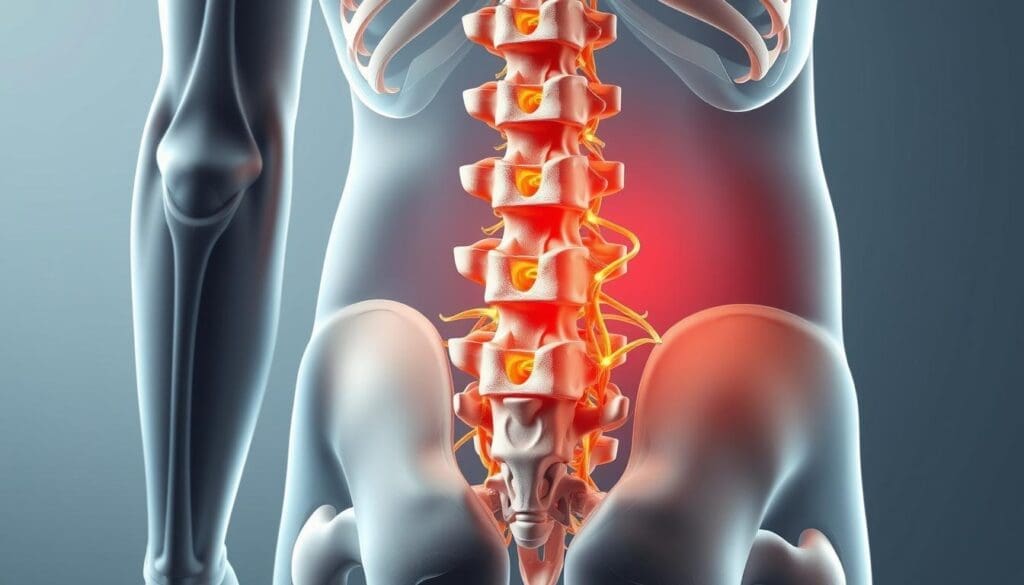A detailed, anatomically accurate illustration of the human lumbar spine, showcased in a clean, scientific manner. The image should highlight the key structures of the lower back, including the vertebrae, intervertebral discs, and spinal nerves, rendered in a high-quality, photorealistic style. The lighting should be soft and directional, illuminating the intricate details of the anatomy. The camera angle should provide a clear, unobstructed view, allowing the viewer to fully appreciate the complex architecture of the lumbar region. The overall mood should be one of educational clarity, inviting the viewer to explore the underlying causes of pinched nerves and related lower back issues.