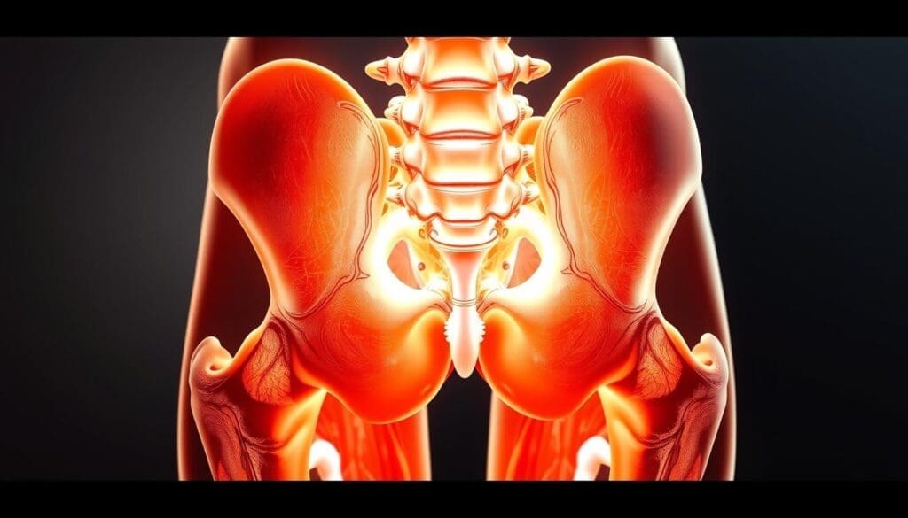 A detailed anatomical illustration of the lumbar region, showcasing the intricate musculature of the lower back. Crisp lighting illuminates the underlying structures, revealing the complex network of muscles, tendons, and connective tissues. The image should convey a sense of depth and three-dimensionality, allowing the viewer to understand the layered nature of the lumbar area. Subtle shadows and highlights accentuate the contours, highlighting the key muscle groups that can be strained or injured, leading to leg pain and lower back discomfort. The overall tone should be informative and medically accurate, suitable for use in a educational article on common causes of leg and lower back issues.