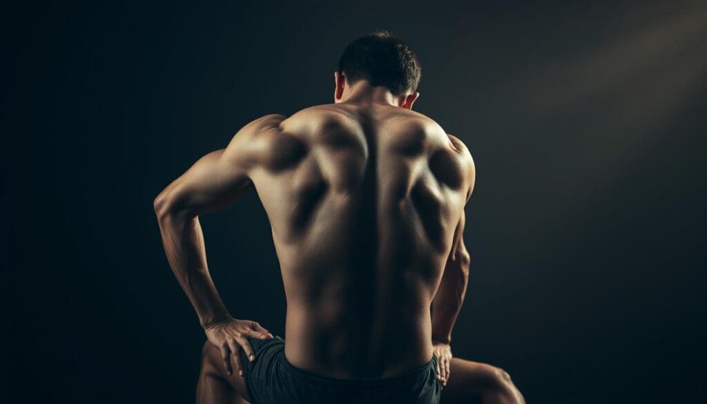 A muscular figure in a pained expression, their back and legs tense with strain. Dim lighting casts shadows that accentuate the contours of the body, revealing the underlying tension in the muscles. The scene conveys a sense of discomfort and physical exertion, with the subject's posture and facial features suggesting the strain of overexertion. The lens is focused to capture the details of the subject's musculature, creating a sense of realism and emphasizing the physicality of the scene. The overall atmosphere is one of subdued tones and a somber, introspective mood, reflecting the subject's discomfort and the struggle to overcome the physical challenge. A muscular figure in a pained expression, their back and legs tense with strain. Dim lighting casts shadows that accentuate the contours of the body, revealing the underlying tension in the muscles. The scene conveys a sense of discomfort and physical exertion, with the subject's posture and facial features suggesting the strain of overexertion. The lens is focused to capture the details of the subject's musculature, creating a sense of realism and emphasizing the physicality of the scene. The overall atmosphere is one of subdued tones and a somber, introspective mood, reflecting the subject's discomfort and the struggle to overcome the physical challenge.