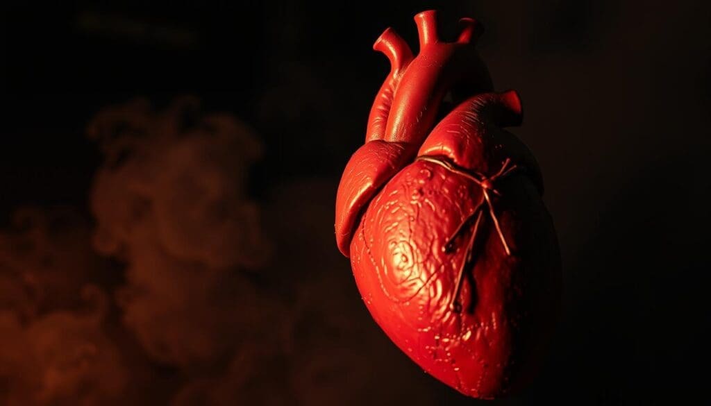 A surreal, close-up view of a human heart palpitating rapidly against a dark, anxious backdrop. The heart is rendered in vivid anatomical detail, its chambers and valves pulsing erratically, radiating an aura of tension and unease. The foreground is lit by a warm, flickering light, casting dramatic shadows and imbuing the scene with a sense of visceral intensity. The middle ground is shrouded in a hazy, monochromatic fog, suggesting a distorted, disorienting emotional state. In the background, indistinct shapes and textures evoke a sense of psychological unease, reflecting the physiological distress of anxiety-induced heart palpitations.