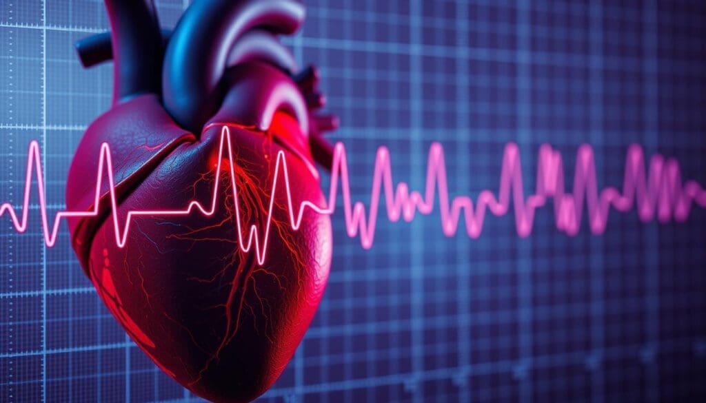 A detailed electrocardiogram display showcasing the complex patterns and rhythms of heart palpitations over time. The foreground features a close-up view of the pulsating heart muscle, with vivid red and blue tones capturing the intensity of the irregular contractions. The middle ground presents a clear, data-driven line graph charting the duration and frequency of the palpitations, while the background blurs into a soft, muted color palette reminiscent of medical imagery. Dramatic lighting and a shallow depth of field create a sense of technical precision and clinical observation, perfectly suited to illustrate the typical duration patterns of this cardiovascular condition.