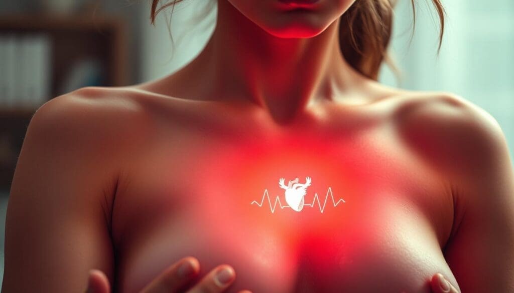 A woman's chest, with skin flushed and heart visibly pounding, as she experiences heart palpitations during premenstrual syndrome. Soft lighting illuminates her anxious expression, capturing the unsettling sensation of an irregular heartbeat. The image has a dreamlike, almost ethereal quality, conveying the visceral, unsettling experience of this hormonal phenomenon. The perspective is close-up, focused on the upper torso, drawing the viewer into the woman's internal experience. The background is blurred, keeping the attention on the central subject and her physical symptoms.