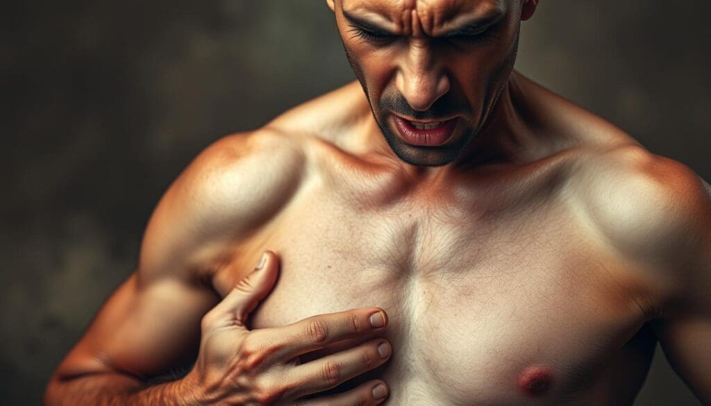 A person's chest tightening with anxiety, the feeling of constriction and pressure building, a visceral depiction of the physiological response to stress. In the foreground, the figure's torso is rendered in realistic detail, the skin tone muted, the muscles straining against an invisible force. The expression is one of distress, the brow furrowed, the mouth slightly agape. In the middle ground, a hazy, dreamlike backdrop suggests the disorientation and mental fog that often accompanies acute anxiety. Muted, earthy tones create an atmosphere of unease. Soft, diffused lighting casts gentle shadows, emphasizing the tension in the chest and abdomen. The overall composition conveys the tangible, embodied experience of anxiety-induced chest pain.
