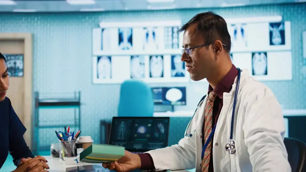 A somber examination room, dimly lit with a soft, warm glow. In the center, a patient sits, shoulders slumped, expression etched with worry as they receive the life-altering news of a brain cancer diagnosis. The doctor's face is grave, empathy radiating from their eyes as they deliver the prognosis. The room's atmosphere is heavy, tinged with a sense of uncertainty and the weight of a difficult journey ahead. Shadows creep along the walls, reflecting the gravity of the situation. The scene conveys the stark reality of a brain cancer diagnosis, a moment of profound impact on the patient's life.