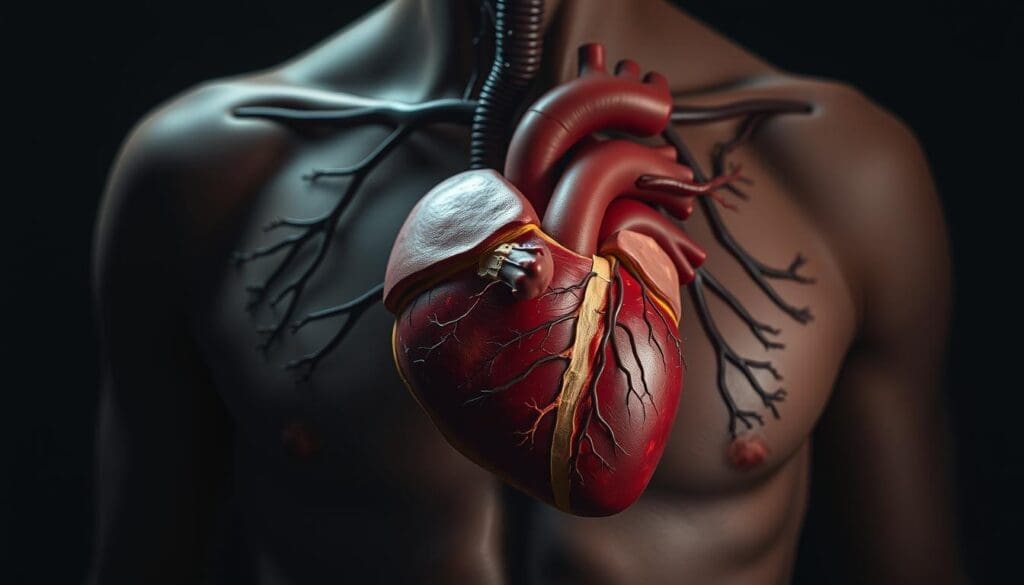 A detailed anatomical illustration showcasing the intricate connection between stress and heart health. Crisp, scientific rendering of the human cardiovascular system, highlighting areas affected by chronic stress - inflamed blood vessels, constricted arteries, and an overworked, strained heart muscle. Muted, earth-toned color palette conveys a somber, serious tone. Meticulously detailed, high-resolution image captured through a macro lens, with dramatic studio lighting casting dramatic shadows to emphasize the complexity of the subject matter. Precise, technical depiction to educate and inform, without extraneous elements that could distract from the core concept.
