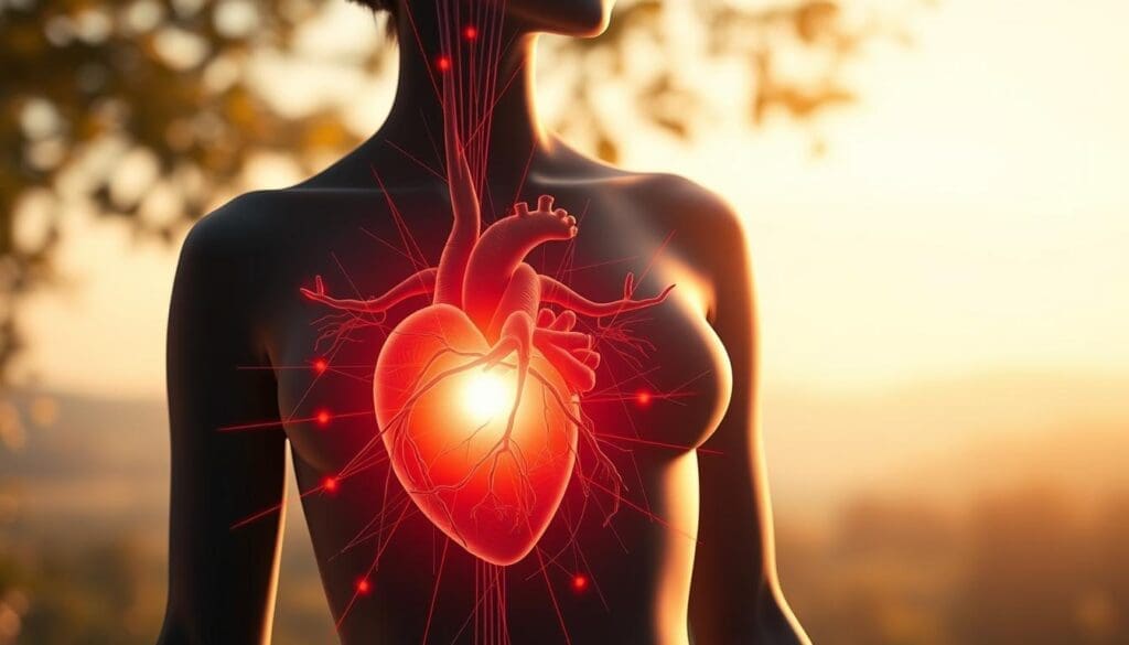 A detailed anatomical illustration showcasing the intricate relationship between hormonal fluctuations and cardiovascular health. The foreground depicts a stylized female figure, her torso partially obscured by a pulsing, glowing heart. Surrounding the heart are radiating lines and geometric patterns, visually representing the ebb and flow of hormones. The middle ground features a delicate circulatory system, intricately rendered in shades of red and blue. The background is a softly blurred, ethereal landscape, creating a sense of depth and tranquility. Warm, natural lighting illuminates the scene, casting gentle shadows and highlighting the intricate details. The overall composition conveys the subtle yet profound connection between the menstrual cycle and cardiovascular wellbeing.