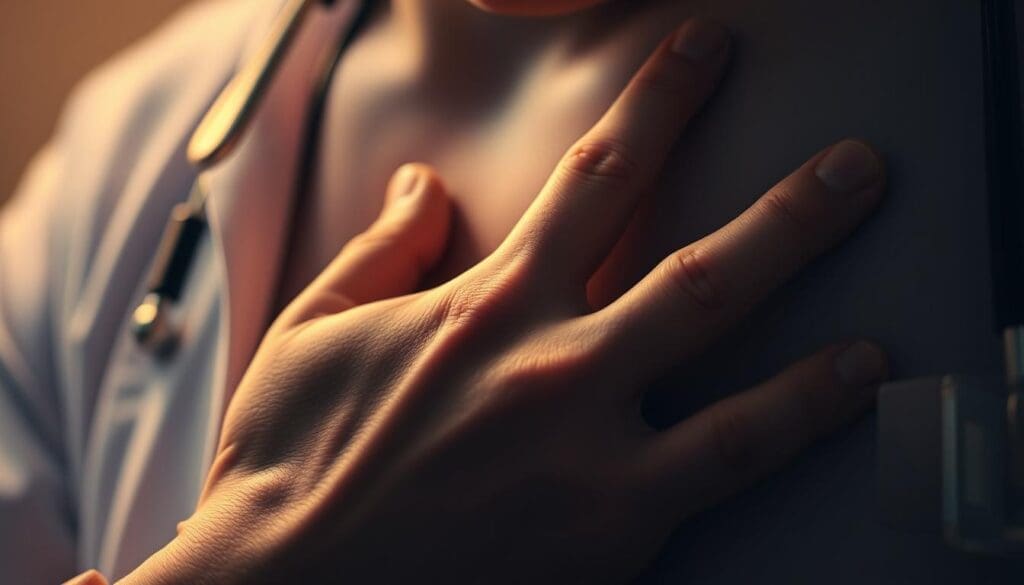 A close-up view of a human hand gently pressing against the chest, depicting the physical manifestation of heart palpitations. The hand is partially obscured, creating a sense of intimacy and vulnerability. The image is illuminated with soft, warm lighting that casts subtle shadows, emphasizing the textural details of the skin and the subtle movement of the fingers. The background is blurred, keeping the focus on the central subject and conveying a sense of medical or scientific examination. The overall mood is one of concern and introspection, reflecting the experience of dealing with the unsettling symptoms of heart palpitations.
