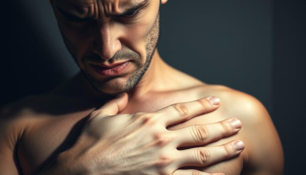 A person experiencing intense anxiety, their chest heaving with heart palpitations. The foreground depicts a close-up view of the individual's face, brow furrowed with distress, eyes wide and pupils dilated. In the middle ground, the person's hand is clutching their chest, fingers pressing against the skin as if to feel the rapid heartbeat. The background is blurred, conveying a sense of isolation and inner turmoil. The lighting is dramatic, creating stark contrasts and casting shadows that accentuate the person's features, heightening the sense of emotional turmoil. The overall mood is one of overwhelming anxiety and physiological distress. A person experiencing intense anxiety, their chest heaving with heart palpitations. The foreground depicts a close-up view of the individual's face, brow furrowed with distress, eyes wide and pupils dilated. In the middle ground, the person's hand is clutching their chest, fingers pressing against the skin as if to feel the rapid heartbeat. The background is blurred, conveying a sense of isolation and inner turmoil. The lighting is dramatic, creating stark contrasts and casting shadows that accentuate the person's features, heightening the sense of emotional turmoil. The overall mood is one of overwhelming anxiety and physiological distress.