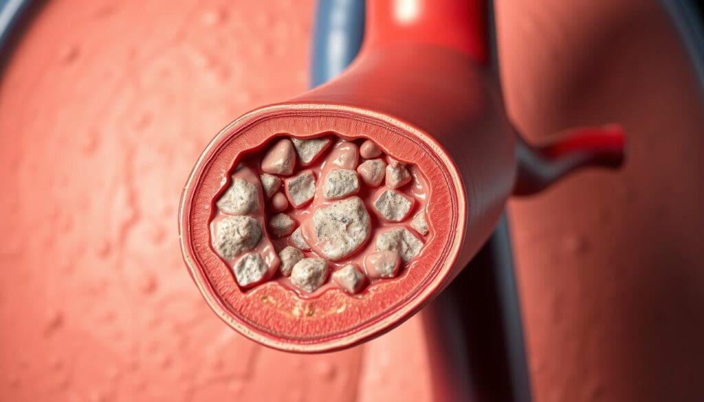 A detailed cross-section of the human coronary artery, showing the atherosclerotic buildup of plaque in the vessel walls. The scene is rendered in a realistic, high-resolution medical illustration style, with a slightly muted color palette to convey the seriousness of the condition. The foreground focuses on the thickened, hardened artery walls, with the plaque deposits visible in varying stages of development. The middle ground provides context, showing the artery branching off and connecting to the heart muscle. The background fades into a subtly textured, anatomical backdrop, establishing a sense of depth and scale. Crisp lighting from the side casts shadows that accentuate the three-dimensional structure, while a shallow depth of field keeps the focal point sharp on the key atherosclerotic details.