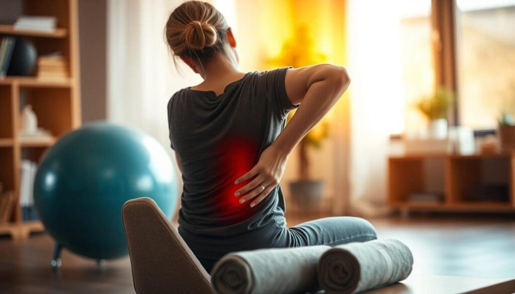 A woman experiencing sciatica pain, sitting on a chair and gently massaging her lower back. The scene is lit by warm, soft lighting, creating a soothing and therapeutic atmosphere. In the middle ground, a physical therapy exercise ball and a rolled-up towel are visible, hinting at potential treatment options. The background is blurred, allowing the focus to remain on the woman's pose and expression of discomfort. The overall composition conveys the experience of managing the radiating pain associated with sciatica, with a sense of care and empathy. A woman experiencing sciatica pain, sitting on a chair and gently massaging her lower back. The scene is lit by warm, soft lighting, creating a soothing and therapeutic atmosphere. In the middle ground, a physical therapy exercise ball and a rolled-up towel are visible, hinting at potential treatment options. The background is blurred, allowing the focus to remain on the woman's pose and expression of discomfort. The overall composition conveys the experience of managing the radiating pain associated with sciatica, with a sense of care and empathy.