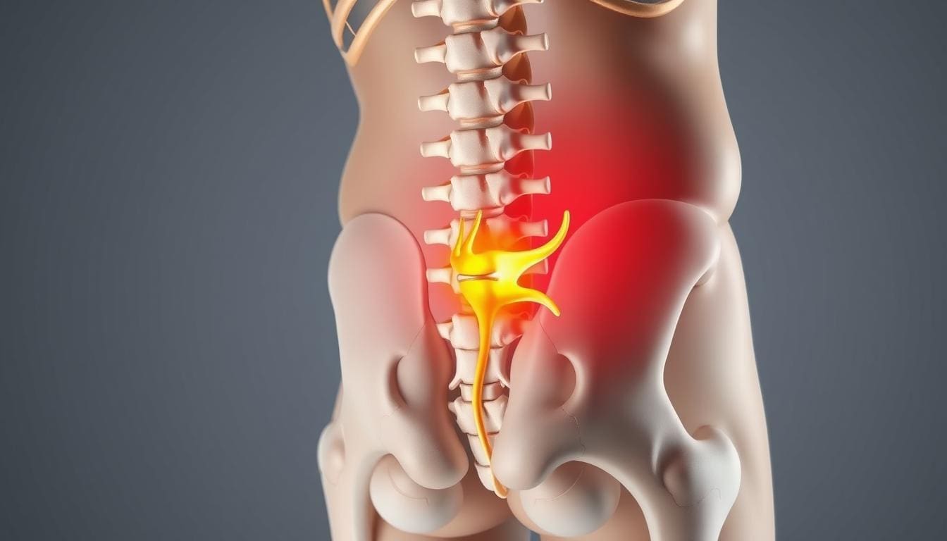 A detailed cross-section of the human lower back, highlighting the lumbar region and the spinal nerve roots. The image should clearly depict the anatomy of a pinched or compressed nerve, showcasing the affected nerve root and surrounding structures such as the intervertebral discs, vertebrae, and muscles. The lighting should be soft and evenly distributed, with a neutral color palette to emphasize the medical nature of the subject. The camera angle should be slightly elevated, providing a clear, comprehensive view of the affected area. The overall mood should be informative and educational, conveying a sense of understanding and diagnosis of the condition.