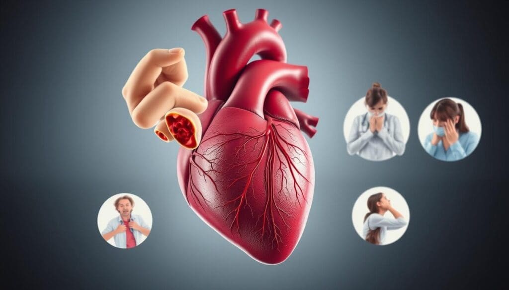 A detailed anatomical illustration depicting the common symptoms of ischemic heart disease. The foreground shows a cross-section of the human heart, with areas of blockage or narrowing in the coronary arteries highlighted in vivid detail. The middle ground showcases various symptoms such as chest pain, shortness of breath, and fatigue, represented through realistic yet stylized depictions. The background features a muted, clinical environment, emphasizing the medical nature of the subject matter. Lighting is soft and directional, casting subtle shadows to enhance the three-dimensional quality of the scene. The overall tone is one of clarity and scientific precision, allowing the viewer to clearly understand the key signs and symptoms associated with ischemic heart disease.