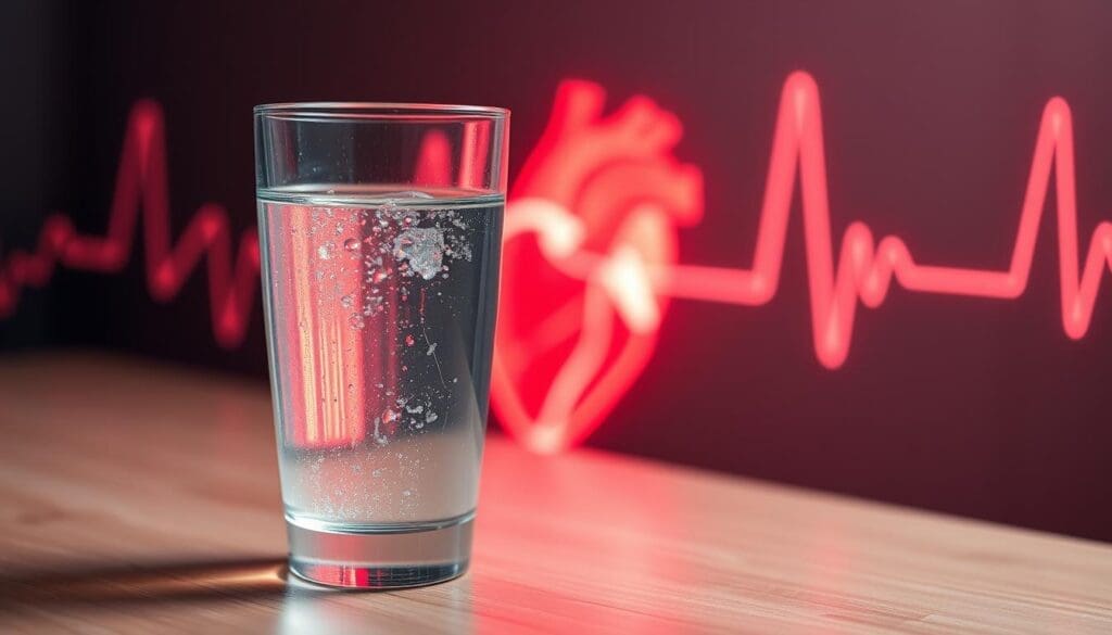 A glass of clear, refreshing water against a backdrop of a pulsing, glowing heart. The water glistens, reflecting the soft, warm lighting that illuminates the scene. The heart throbs rhythmically, its strong beats contrasting with the tranquility of the water. The composition conveys a sense of balance, with the water representing hydration and the heart symbolizing the calming effects of proper hydration on heart palpitations. The overall atmosphere is one of serenity and natural healing, inviting the viewer to find solace in the simplest of remedies.