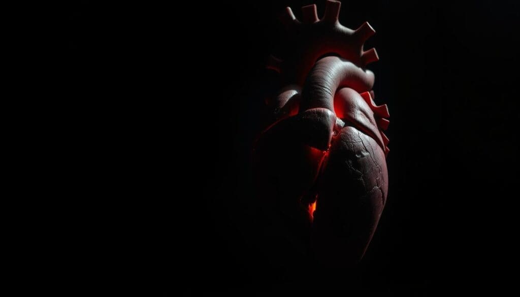 A visceral depiction of a panic attack, with a highly detailed close-up of a human heart palpitating erratically against a dim, shadowy backdrop. The heart is rendered with striking anatomical accuracy, its chambers visibly contracting and expanding at an accelerated, irregular pace. Dramatic lighting casts deep shadows, creating a sense of unease and intensity. The overall atmosphere is one of heightened anxiety and physiological distress, capturing the essence of the panic attack experience in vivid detail.