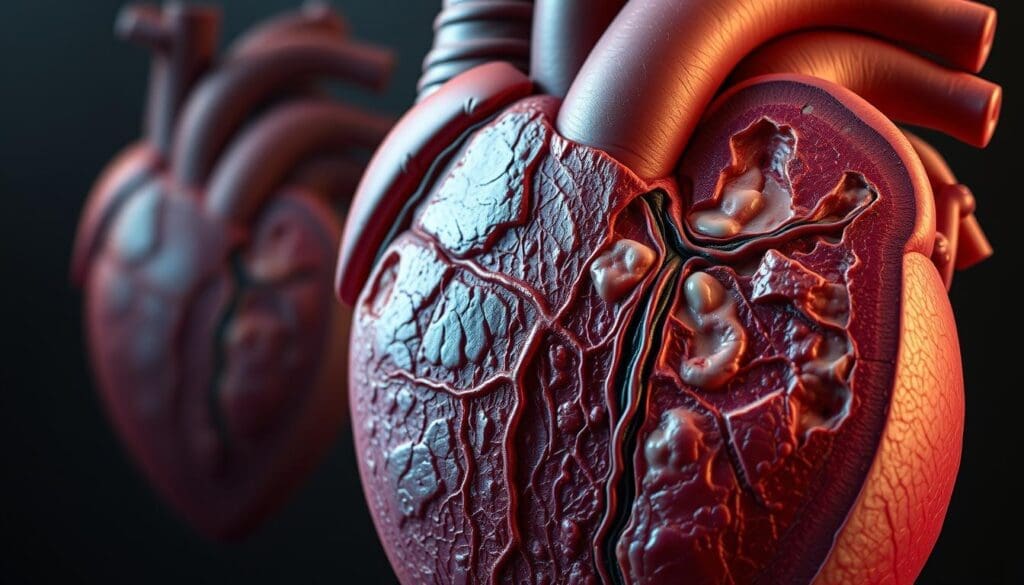 A detailed cross-section of a human heart, revealing the pathology of ischemic heart disease. The foreground showcases the narrowed, obstructed coronary arteries, with plaque buildup and restricted blood flow. The middle ground depicts the affected myocardium, displaying areas of necrosis and reduced contractility. The background features a muted, anatomical rendering of the heart chambers and valves, emphasizing the overall impact on cardiac function. The lighting is soft and diffused, creating a contemplative, educational atmosphere. Rendered in a realistic, medical illustration style using a high-resolution lens and precise, technical angles to maximize clarity and understanding. A detailed cross-section of a human heart, revealing the pathology of ischemic heart disease. The foreground showcases the narrowed, obstructed coronary arteries, with plaque buildup and restricted blood flow. The middle ground depicts the affected myocardium, displaying areas of necrosis and reduced contractility. The background features a muted, anatomical rendering of the heart chambers and valves, emphasizing the overall impact on cardiac function. The lighting is soft and diffused, creating a contemplative, educational atmosphere. Rendered in a realistic, medical illustration style using a high-resolution lens and precise, technical angles to maximize clarity and understanding.