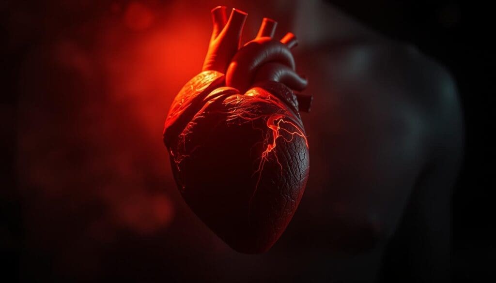 A human heart palpitating rapidly against a backdrop of anxious turmoil. The heart's erratic beats cast a spotlight, illuminating the internal struggle with soft, warm light. Shadows of unease loom in the periphery, creating a sense of unease and uncertainty. The composition emphasizes the connection between the physical symptoms and the emotional distress, drawing the viewer into the visceral experience of anxiety-induced heart palpitations. A tightly framed, cinematic perspective captures the intimate and unsettling nature of this physiological response, inviting the viewer to empathize with the subject's experience.