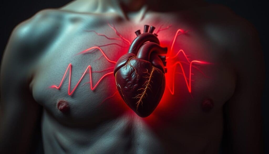 A person's chest area with an internal view, showcasing the heart and veins pulsing rapidly, creating a sense of unease and agitation. The heart is visibly beating fast, with the veins prominent and constricted, reflecting the physiological response to anxiety. The lighting is dim, casting a somber and uneasy atmosphere, emphasizing the distress of the situation. The perspective is from a slightly elevated angle, providing a clinical, yet intimate observation of the internal bodily processes. The overall scene conveys the unsettling sensations of anxiety-induced palpitations, capturing the essence of the subject matter.