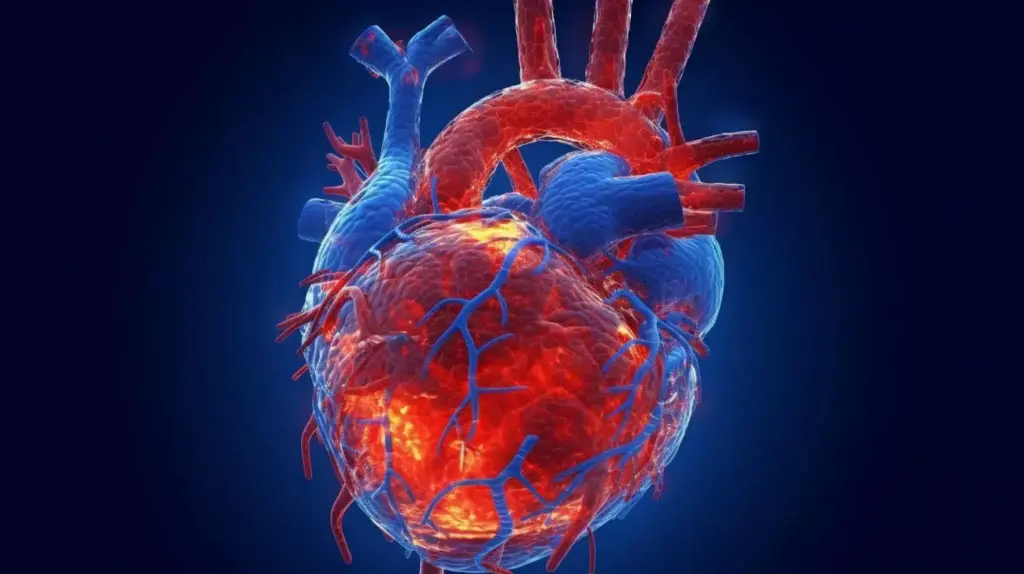 A detailed cross-section of a myocardial infarction, showcasing the damaged heart muscle. In the foreground, a realistic anatomical representation of a human heart, with the affected area highlighted in vivid detail. The middle ground depicts the surrounding blood vessels and tissue, captured in a crisp, medical illustration style. The background features a softly blurred, muted color palette, evoking a sense of clinical study. Subtle, directional lighting casts dramatic shadows, emphasizing the textural and structural elements of the infarction. The overall composition conveys a sense of scientific investigation, inviting the viewer to explore and understand the nature of this medical condition. A detailed cross-section of a myocardial infarction, showcasing the damaged heart muscle. In the foreground, a realistic anatomical representation of a human heart, with the affected area highlighted in vivid detail. The middle ground depicts the surrounding blood vessels and tissue, captured in a crisp, medical illustration style. The background features a softly blurred, muted color palette, evoking a sense of clinical study. Subtle, directional lighting casts dramatic shadows, emphasizing the textural and structural elements of the infarction. The overall composition conveys a sense of scientific investigation, inviting the viewer to explore and understand the nature of this medical condition.