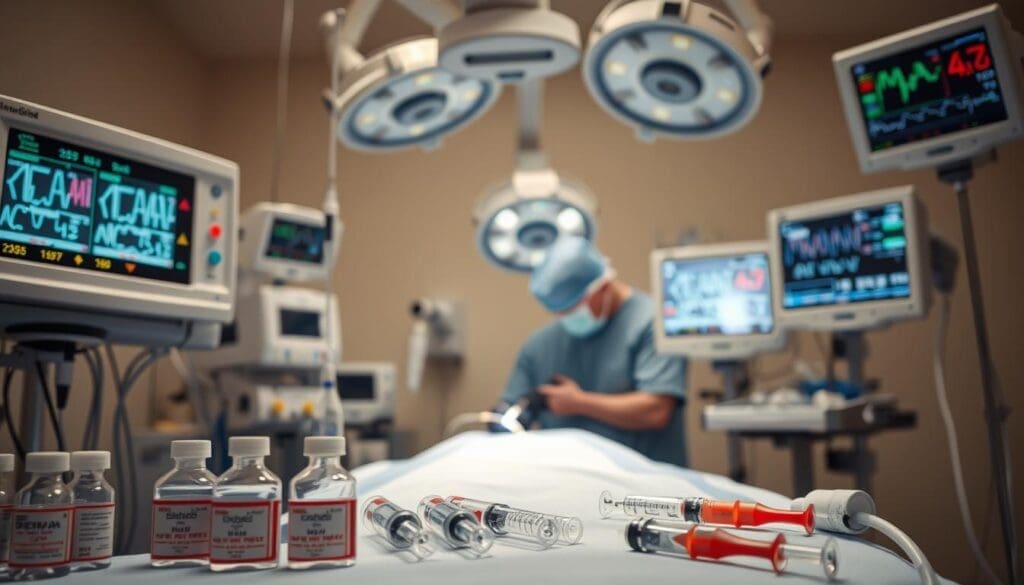 A well-lit, close-up view of various anesthesia equipment and supplies used during brain surgery, including an anesthesia machine, breathing tubes, IV lines, and monitors displaying vital signs. The foreground features a selection of anesthetic drugs and syringes, while the middle ground showcases the intubation process. The background depicts a sterile surgical suite with medical personnel in scrubs, creating a calming, professional atmosphere. The lighting is bright and even, emphasizing the technical precision required for this critical stage of the procedure. A well-lit, close-up view of various anesthesia equipment and supplies used during brain surgery, including an anesthesia machine, breathing tubes, IV lines, and monitors displaying vital signs. The foreground features a selection of anesthetic drugs and syringes, while the middle ground showcases the intubation process. The background depicts a sterile surgical suite with medical personnel in scrubs, creating a calming, professional atmosphere. The lighting is bright and even, emphasizing the technical precision required for this critical stage of the procedure.