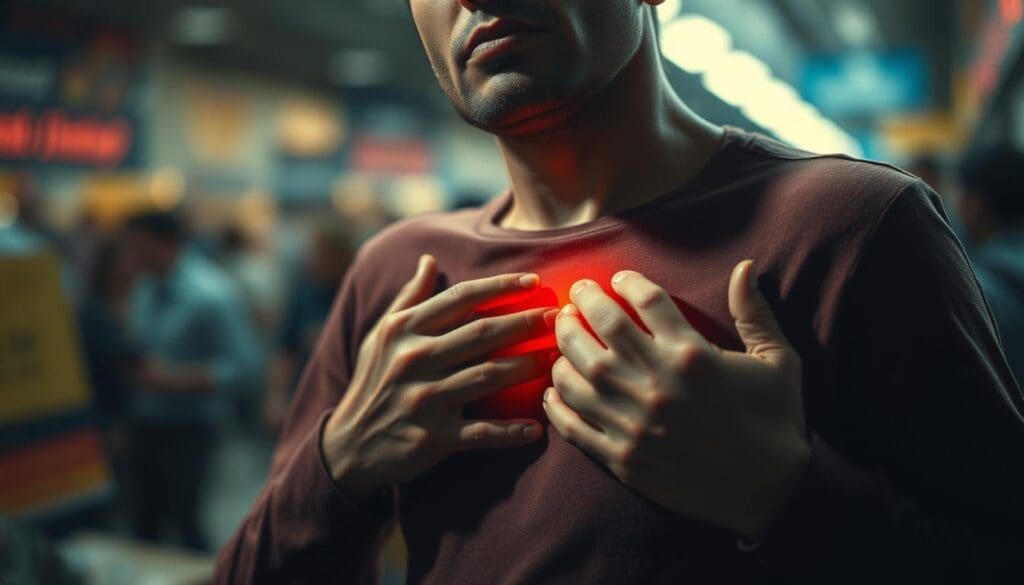 A tense, anxious figure gripping their chest, heart palpitating visibly, set against a blurred background of a fast-paced, high-stress environment. Dramatic lighting casts dramatic shadows, heightening the sense of distress. A tight, close-up framing emphasizes the subject's visceral physiological response, conveying the overwhelming intensity of the body's stress reaction. Subtle chromatic aberration and a slightly grainy texture lend an unsettling, documentary-style aesthetic to the scene.