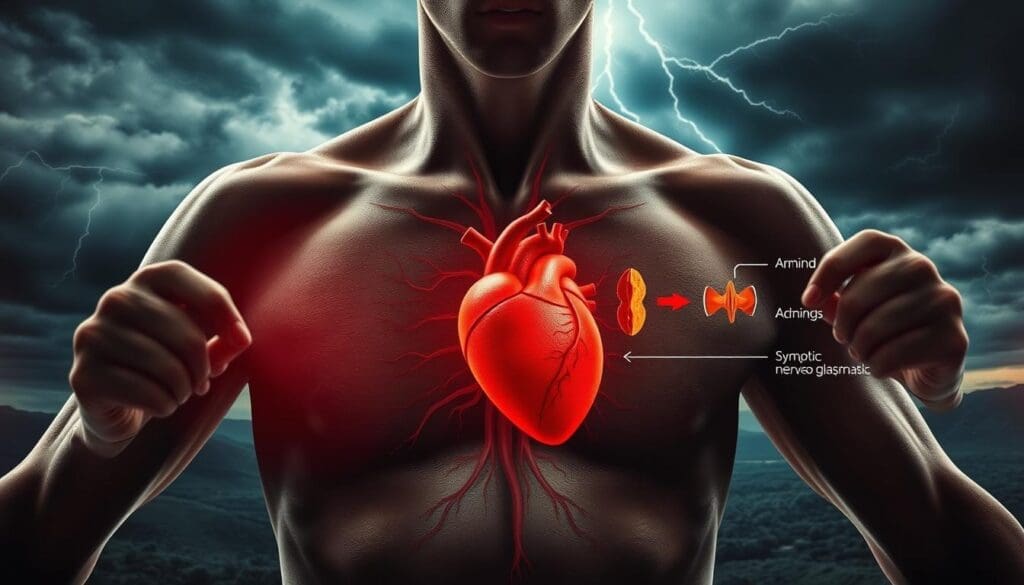 A dynamic scene of the fight-or-flight response in the human body. In the foreground, a person's torso and chest area, with the heart pulsing rapidly and the muscles tensed, conveying a sense of heightened physiological arousal. The middle ground depicts the autonomic nervous system at work, with stylized representations of the sympathetic and parasympathetic nervous systems, along with the adrenal glands releasing hormones. The background shows a stormy, ominous landscape, with dark clouds and flashes of lightning, evoking the sense of a primal, instinctual response to perceived threat or danger. Dramatic lighting casts dramatic shadows, heightening the sense of intensity and urgency. The overall composition and mood aim to visually capture the physiological and psychological aspects of the fight-or-flight response.