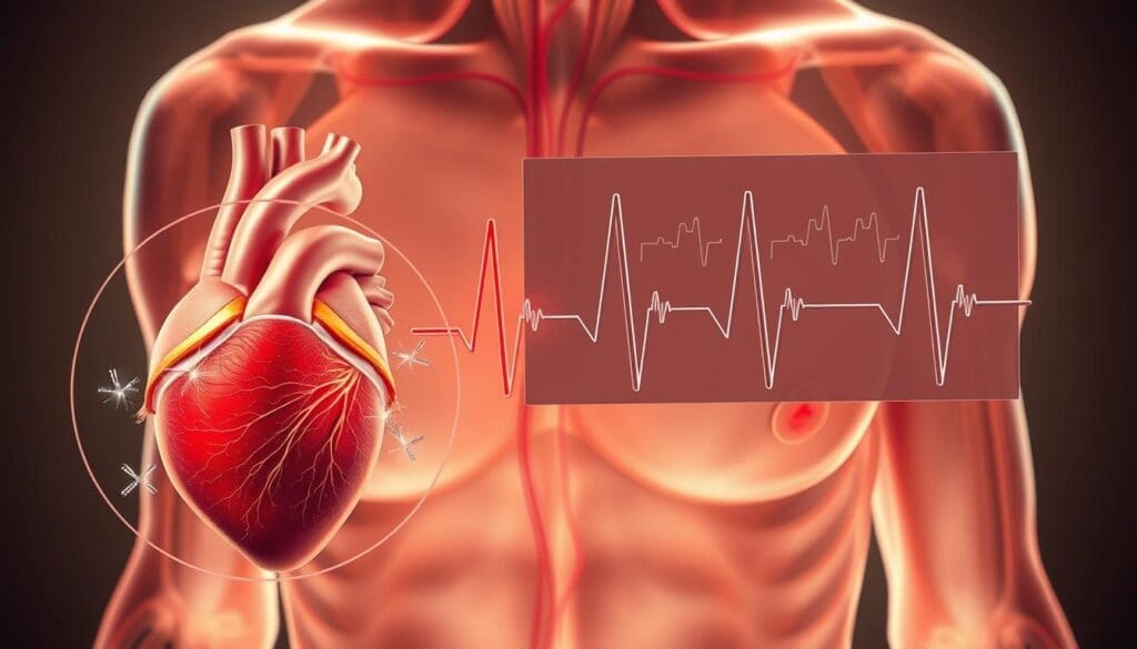 A detailed anatomical illustration depicting the visible and palpable physical effects of heart palpitations. The foreground shows a magnified, cross-sectional view of the heart, with the chambers, valves, and blood vessels rendered in vivid detail. Overlaid on this are dynamic visualizations of the irregular contractions and fluttering motions characteristic of palpitations. The middle ground features a semi-transparent, diagrammatic overlay of the circulatory system, with pulse points highlighted. The background depicts a photorealistic human torso, with the skin rendered translucent to reveal the underlying musculature and vasculature. Soft, warm lighting casts an intimate, clinical atmosphere, conveying the personal and visceral experience of heart palpitations.