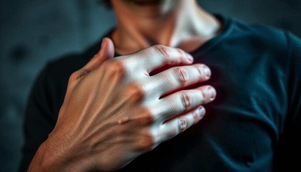 A close-up view of a human hand gripping their chest, with a heart pulsing rapidly and visibly beneath the skin. The background is blurred, conveying a sense of anxious focus. Dramatic lighting casts shadows, heightening the sense of tension and distress. The image is captured with a shallow depth of field, placing the heart in sharp focus. The overall mood is one of unease and visceral, physical discomfort associated with an elevated heart rate due to anxiety. A close-up view of a human hand gripping their chest, with a heart pulsing rapidly and visibly beneath the skin. The background is blurred, conveying a sense of anxious focus. Dramatic lighting casts shadows, heightening the sense of tension and distress. The image is captured with a shallow depth of field, placing the heart in sharp focus. The overall mood is one of unease and visceral, physical discomfort associated with an elevated heart rate due to anxiety.