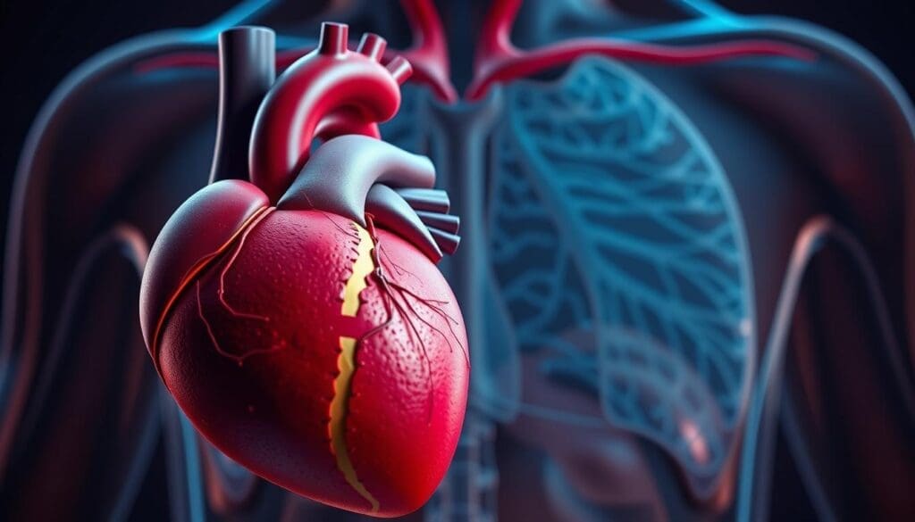 A detailed anatomical illustration showcasing the key features of coronary heart disease. The foreground depicts the heart, with the aorta, ventricles, and coronary arteries prominently displayed. The middle ground highlights the progression of atherosclerosis, with plaque buildup narrowing the coronary arteries. In the background, a simplified diagram of the chest cavity provides context. The lighting is soft and directional, creating depth and emphasizing the three-dimensional aspects of the anatomy. The color palette is muted, with shades of red, blue, and gray to convey the seriousness of the condition. The overall mood is educational and informative, intended to provide a comprehensive overview of coronary heart disease. A detailed anatomical illustration showcasing the key features of coronary heart disease. The foreground depicts the heart, with the aorta, ventricles, and coronary arteries prominently displayed. The middle ground highlights the progression of atherosclerosis, with plaque buildup narrowing the coronary arteries. In the background, a simplified diagram of the chest cavity provides context. The lighting is soft and directional, creating depth and emphasizing the three-dimensional aspects of the anatomy. The color palette is muted, with shades of red, blue, and gray to convey the seriousness of the condition. The overall mood is educational and informative, intended to provide a comprehensive overview of coronary heart disease.